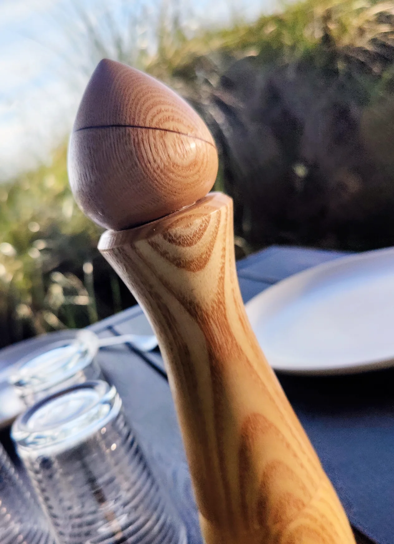 pepper grinder on a table. Sunshine in the background